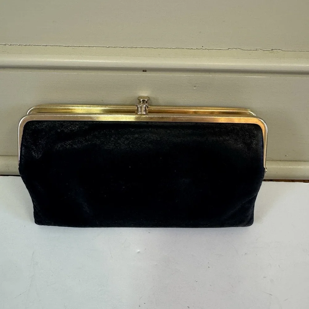 Hobo The Original Leather Lauren Double Frame Clutch Wallet Black Textured VTG